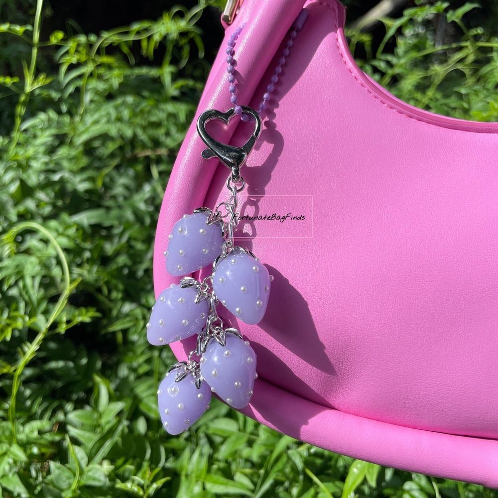 Lilac Lavender Baby Purple Jelly Pearl Heart Strawberry Cluster Bag Charm SILVER - Picture 6 of 8